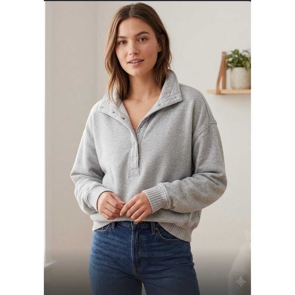 Aerie Gray Quilted Mock Neck Snap Fleece Pullover Sweatshirt XXS